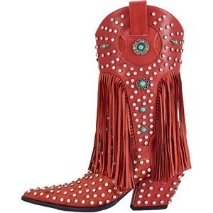 Red Fringe Rhinestone Embellishments Mid Calf Cowgirl Boots Turquoise Flower